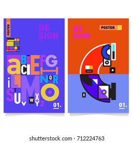 Vector covers design set with retro style. Cool geometric memphis style poster template with alphabets typography. Summer and autumn design template.
