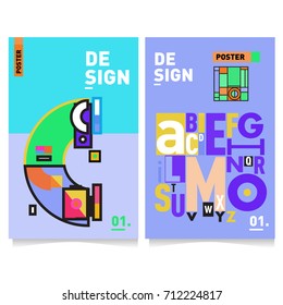 Vector covers design set with retro style. Cool geometric memphis style poster template with alphabets typography. Summer and autumn design template.