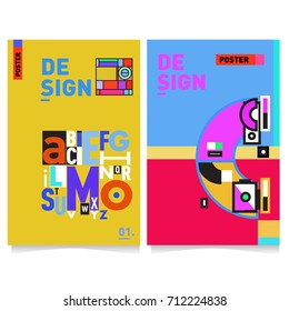 Vector covers design set with retro style. Cool geometric memphis style poster template with alphabets typography. Summer and autumn design template.