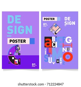 Vector covers design set with retro style. Cool geometric memphis style poster template with alphabets typography. Summer and autumn design template.