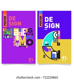 Vector covers design set with retro style. Cool geometric memphis style poster template with alphabets typography. Summer and autumn design template.