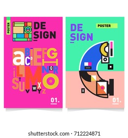 Vector covers design set with retro style. Cool geometric memphis style poster template with alphabets typography. Summer and autumn design template.