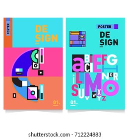 Vector covers design set with retro style. Cool geometric memphis style poster template with alphabets typography. Summer and autumn design template.