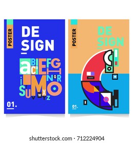 Vector covers design set with retro style. Cool geometric memphis style poster template with alphabets typography. Summer and autumn design template.