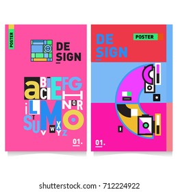 Vector covers design set with retro style. Cool geometric memphis style poster template with alphabets typography. Summer and autumn design template.