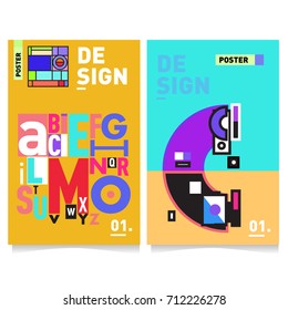 Vector covers design set with retro style. Cool geometric memphis style poster template with alphabets typography. Summer and autumn design template.