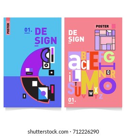 Vector covers design set with retro style. Cool geometric memphis style poster template with alphabets typography. Summer and autumn design template.