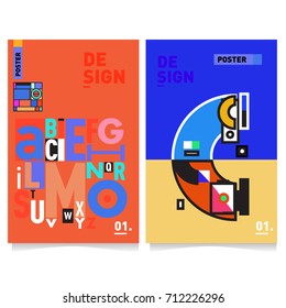 Vector covers design set with retro style. Cool geometric memphis style poster template with alphabets typography. Summer and autumn design template.
