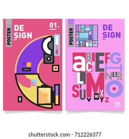 Vector covers design set with retro style. Cool geometric memphis style poster template with alphabets typography. Summer and autumn design template.