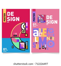 Vector covers design set with retro style. Cool geometric memphis style poster template with alphabets typography. Summer and autumn design template.