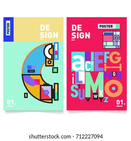 Vector covers design set with retro style. Cool geometric memphis style poster template with alphabets typography. Summer and autumn design template.