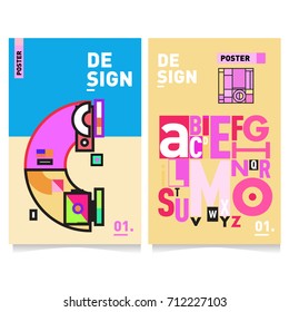 Vector covers design set with retro style. Cool geometric memphis style poster template with alphabets typography. Summer and autumn design template.