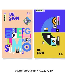 Vector covers design set with retro style. Cool geometric memphis style poster template with alphabets typography. Summer and autumn design template.