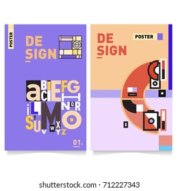 Vector covers design set with retro style. Cool geometric memphis style poster template with alphabets typography. Summer and autumn design template.