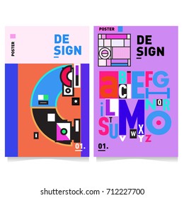 Vector covers design set with retro style. Cool geometric memphis style poster template with alphabets typography. Summer and autumn design template.