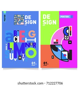 Vector covers design set with retro style. Cool geometric memphis style poster template with alphabets typography. Summer and autumn design template.