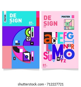 Vector covers design set with retro style. Cool geometric memphis style poster template with alphabets typography. Summer and autumn design template.
