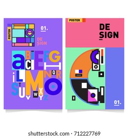 Vector covers design set with retro style. Cool geometric memphis style poster template with alphabets typography. Summer and autumn design template.