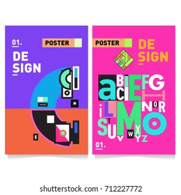 Vector covers design set with retro style. Cool geometric memphis style poster template with alphabets typography. Summer and autumn design template.