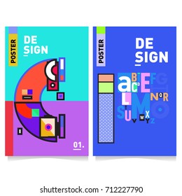 Vector covers design set with retro style. Cool geometric memphis style poster template with alphabets typography. Summer and autumn design template.