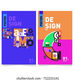 Vector covers design set with retro style. Cool geometric memphis style poster template with alphabets typography. Summer and autumn design template.