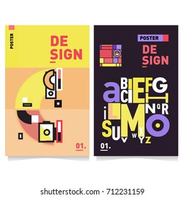 Vector covers design set with retro style. Cool geometric memphis style poster template with alphabets typography. Summer and autumn design template.