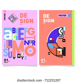 Vector covers design set with retro style. Cool geometric memphis style poster template with alphabets typography. Summer and autumn design template.