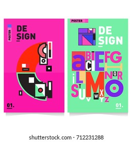 Vector covers design set with retro style. Cool geometric memphis style poster template with alphabets typography. Summer and autumn design template.