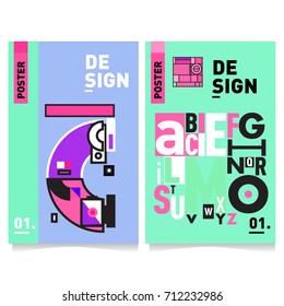 Vector covers design set with retro style. Cool geometric memphis style poster template with alphabets typography. Summer and autumn design template.