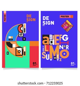 Vector covers design set with retro style. Cool geometric memphis style poster template with alphabets typography. Summer and autumn design template.