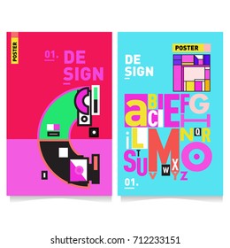 Vector covers design set with retro style. Cool geometric memphis style poster template with alphabets typography. Summer and autumn design template.