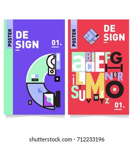 Vector covers design set with retro style. Cool geometric memphis style poster template with alphabets typography. Summer and autumn design template.