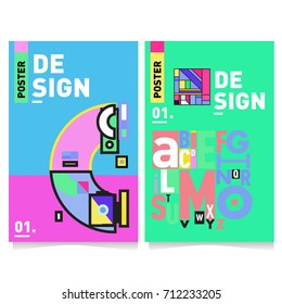 Vector covers design set with retro style. Cool geometric memphis style poster template with alphabets typography. Summer and autumn design template.