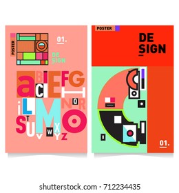 Vector covers design set with retro style. Cool geometric memphis style poster template with alphabets typography. Summer and autumn design template.