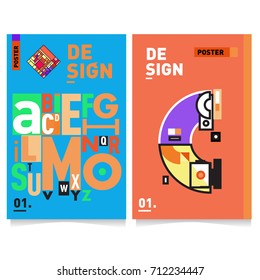 Vector covers design set with retro style. Cool geometric memphis style poster template with alphabets typography. Summer and autumn design template.