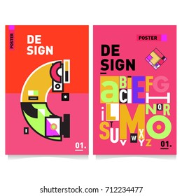 Vector covers design set with retro style. Cool geometric memphis style poster template with alphabets typography. Summer and autumn design template.