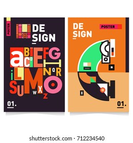 Vector covers design set with retro style. Cool geometric memphis style poster template with alphabets typography. Summer and autumn design template.