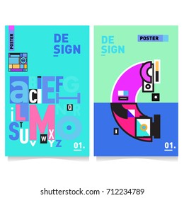 Vector covers design set with retro style. Cool geometric memphis style poster template with alphabets typography. Summer and autumn design template.