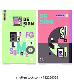 Vector covers design set with retro style. Cool geometric memphis style poster template with alphabets typography. Summer and autumn design template.