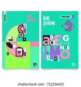 Vector covers design set with retro style. Cool geometric memphis style poster template with alphabets typography. Summer and autumn design template.
