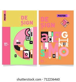 Vector covers design set with retro style. Cool geometric memphis style poster template with alphabets typography. Summer and autumn design template.