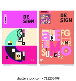 Vector covers design set with retro style. Cool geometric memphis style poster template with alphabets typography. Summer and autumn design template.