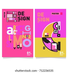 Vector covers design set with retro style. Cool geometric memphis style poster template with alphabets typography. Summer and autumn design template.