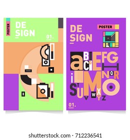 Vector covers design set with retro style. Cool geometric memphis style poster template with alphabets typography. Summer and autumn design template.
