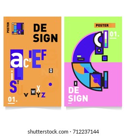Vector covers design set with retro style. Cool geometric memphis style poster template with alphabets typography. Summer and autumn design template.