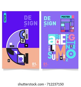 Vector covers design set with retro style. Cool geometric memphis style poster template with alphabets typography. Summer and autumn design template.