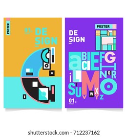 Vector covers design set with retro style. Cool geometric memphis style poster template with alphabets typography. Summer and autumn design template.