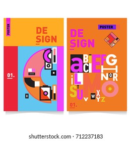 Vector covers design set with retro style. Cool geometric memphis style poster template with alphabets typography. Summer and autumn design template.