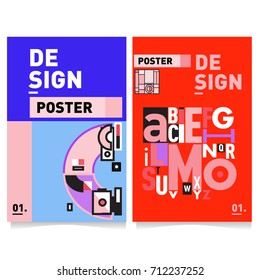 Vector covers design set with retro style. Cool geometric memphis style poster template with alphabets typography. Summer and autumn design template.