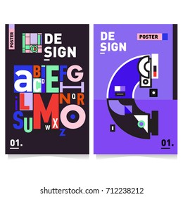 Vector covers design set with retro style. Cool geometric memphis style poster template with alphabets typography. Summer and autumn design template.